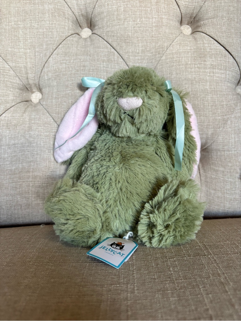 Jellycat Bashful Bunny Plush — Green with Pink Ears